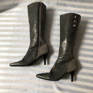 Gray Faux Suede & Leather Chrome Button Heeled Boots (see description)